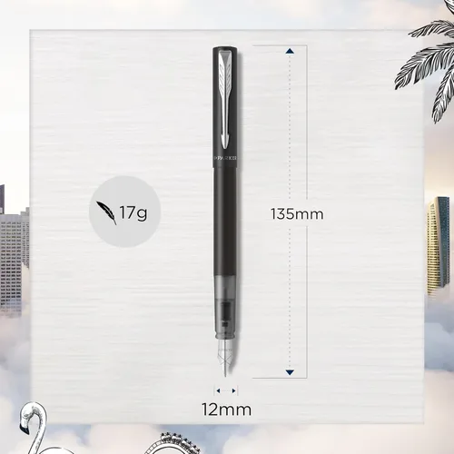 Miniatura 3 de PARKER Pluma estilográfica Vector XL Laca negra metálica sobre latón Punta mediana con recarga de tinta azul Caja de regalo