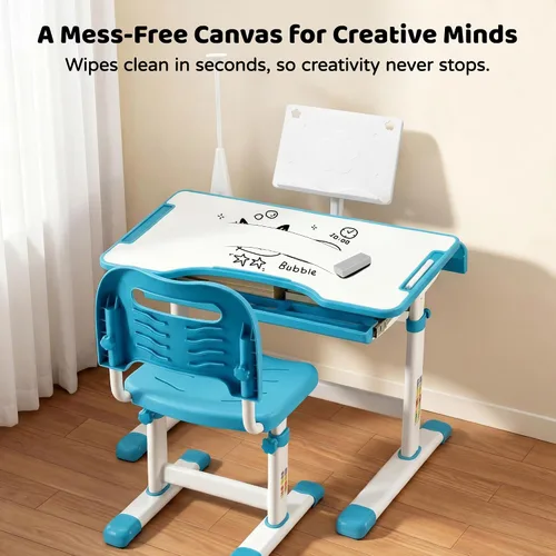 Miniatura 6 de Diroan Juego de Escritorio y Silla Funcional para Niños, Escritorio de Estudio Escolar Ergonómico de Altura Ajustable para Niños con Superficie