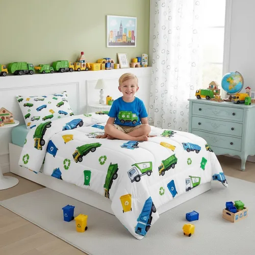 Miniatura 3 de Juego de edredón de camión de basura para niños, tamaño individual, juego de ropa de cama de automóvil de dibujos animados para niños, adolescentes