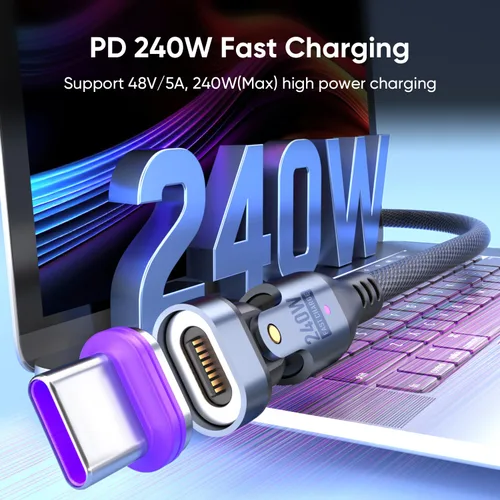 Miniatura 3 de Cable de carga magnético de 240 W, cable de datos magnético USBC a USB C giratorio de 180°, cable de carga rápida para teléfono micro USB