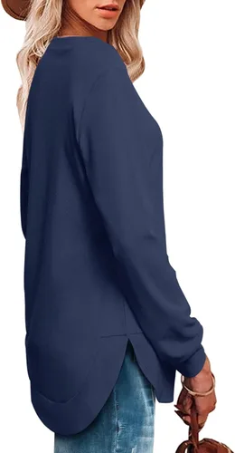 Miniatura 3 de OFEEFAN Sudadera de manga larga con cuello redondo para mujer, dobladillo curvado