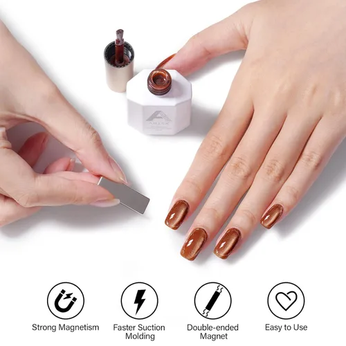 Miniatura 5 de AILLSA - Esmalte de uñas de gel ojo de gato color marrón con purpurina dorada con imán, esmalte de uñas de gel ámbar destello nude con cristales