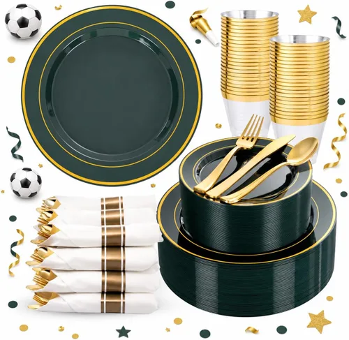 Miniatura 18 de 350 piezas de platos de plástico negro y dorado con cubiertos desechables, incluye 50 platos de cena de 9 pulgadas, 50 platos de postre de 6.3