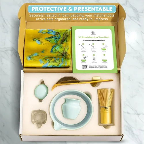 Miniatura 6 de Juego de 10 batidores Matcha Kit completo de té Matcha con cuenco de cerámica de 17 onzas, batidor y cuchara de bambú, soporte para batidor, tamiz