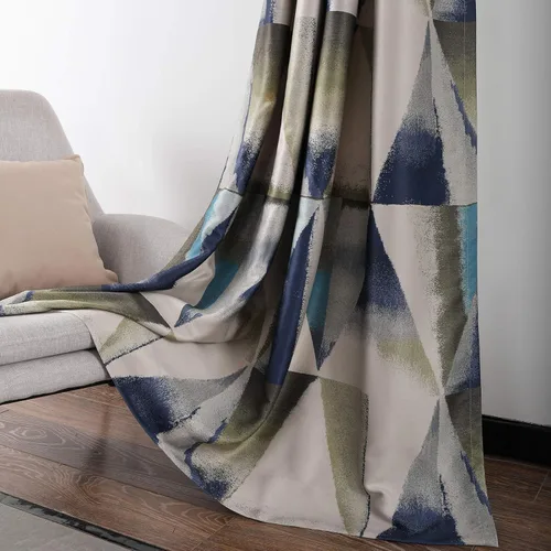 Leeva Cortinas Pesadas y Drapeados para Patio y Oficina, Parte Superior con Ojales, Estampado Geométrico Azul Vintage, Tratamiento de Ventanas