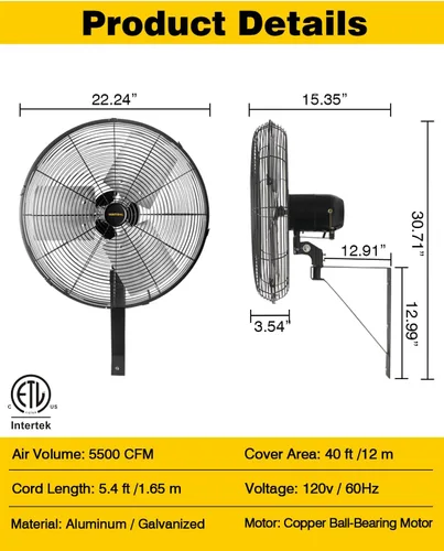 Miniatura 8 de VENTISOL Ventilador oscilante de montaje en pared de 20 pulgadas, ventiladores industriales de alta velocidad de 5500 CFM con 3 velocidades