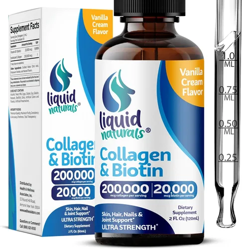 Colágeno líquido y biotina, 2 onzas líquidas, péptidos de colágeno ultra resistentes para mujeres, biotina probada por terceros para el crecimiento