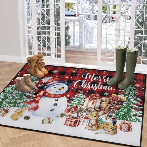 Miniatura 12 de U'Artlines Tapete de Navidad para puerta delantera, 32 x 48 pulgadas, vintage, de invierno, resistente a la suciedad, tapete de goma antideslizante