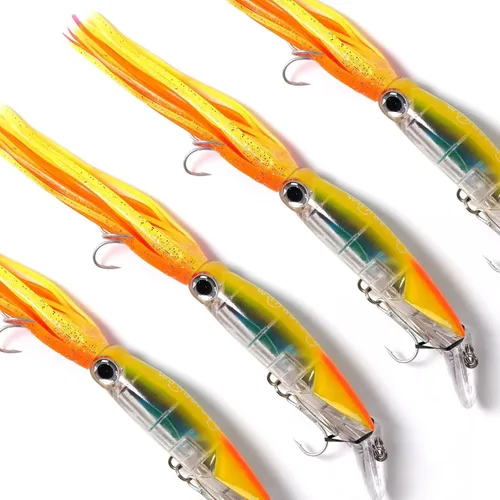 Miniatura 10 de Wondersee Kit de Señuelos de Pesca de Calamar Suaves y Duros Swimbait Crankbait Jig de Simulación Pesado Holográfico 4 PCS Rojo y Negro