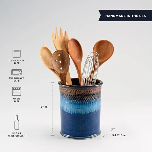 Miniatura 2 de Georgetown Pottery Soporte para utensilios de cocina hecho a mano, Hamada y azul, fabricado en EE. UU., organizador de utensilios de cerámica