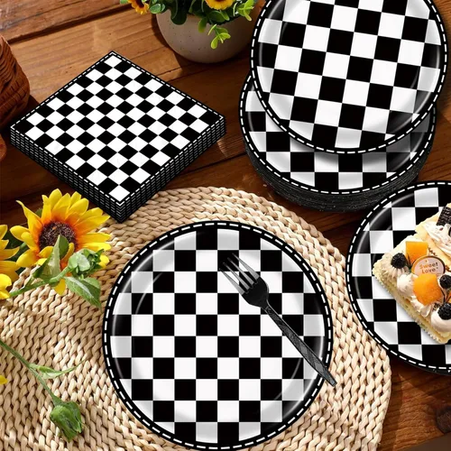 Miniatura 3 de 96 piezas de platos y servilletas a cuadros suministros de fiesta de coches de carreras decoraciones de cumpleaños con bandera a cuadros suministros