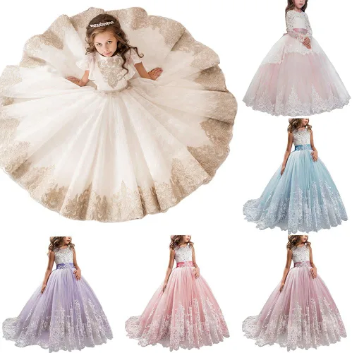 Miniatura 4 de Vestido largo de encaje de princesa, para comunión, vestido de tul, vestido largo con diseño de flor de encaje, para eventos formales para niñas