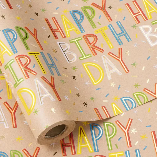 Miniatura 9 de RUSPEPA Rollo de papel de regalo reversible de cumpleaños, mini rollo, diseño de cupcake azul y texto colorido feliz con estrellas, colorido