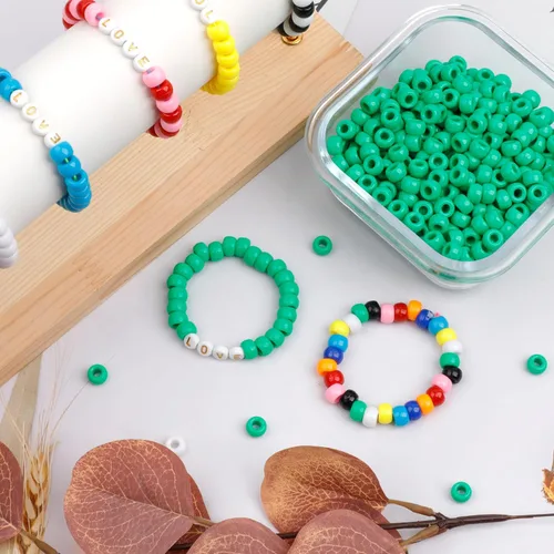 Miniatura 4 de 1000Pcs Cuentas de Pony 9mm Verde Plástico Barril Cuentas de Pony para Collar, Cuentas de Pelo para Trenzas, Cadena de Llavero, Fabricación