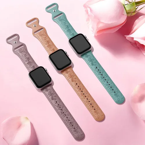 Miniatura 4 de Correa de silicona suave con grabado floral compatible con Apple Watch Band de 1.575 in, 1.614 in, 1.496 in, 1.654 in, 1.732 in, 1.772 in y 1.929 in