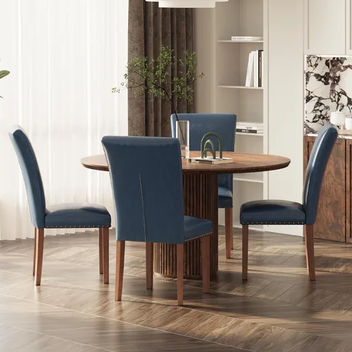 Miniatura 31 de Juego de 2 sillas de comedor de granja, respaldo alto con patas de madera y ribete de cabeza de clavo, silla de comedor de tela moderna