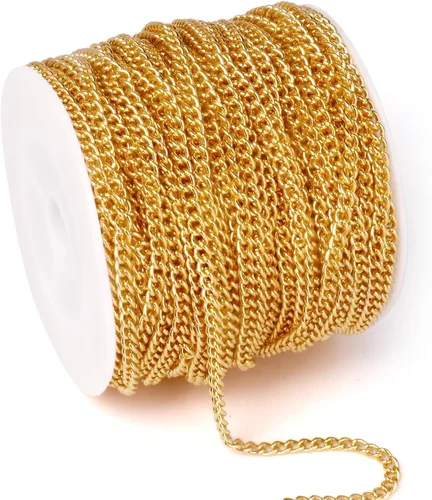 Miniatura 44 de [66 pies/20M] Cadena de bordillo de acero inoxidable chapada en oro de 18 quilates, 2mm, acero inoxidable 304, eslabones trenzados planos, cadenas