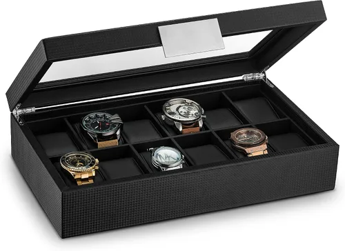Caja para relojes para hombre - caja de exhibición de fibra de carbono de lujo con 12 ranuras, caja grande, hebilla de metal - negro