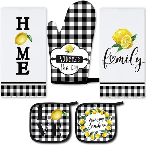 Miniatura 9 de Juego de 5 toallas de cocina a cuadros de búfalo, guantes de horno y soporte para ollas, toallas de cocina en blanco y negro, almohadillas calientes
