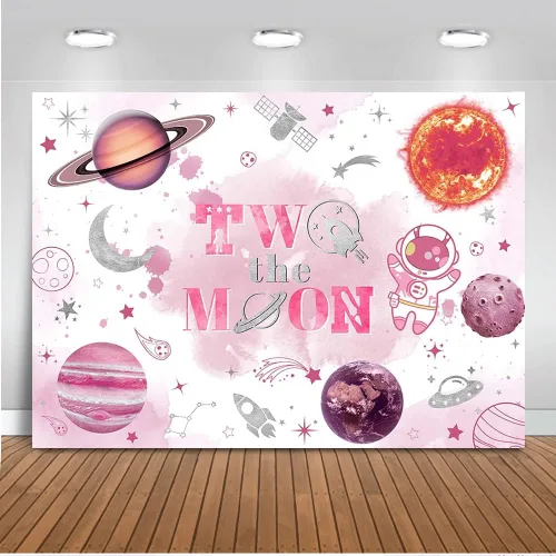 Miniatura 8 de Mocsicka Telón de fondo con texto en inglés «Two The Moon» para fiesta de segundo cumpleaños, espacio exterior, decoración de fondo del espacio Azul