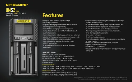 Miniatura 6 de Nitecore UMS2 - Cargador de batería inteligente de doble ranura USB-C rápido para baterías Li-Ion/Ni-MH/Ni-Cd/IMR 16340 14500 18650 21700 20700 AA