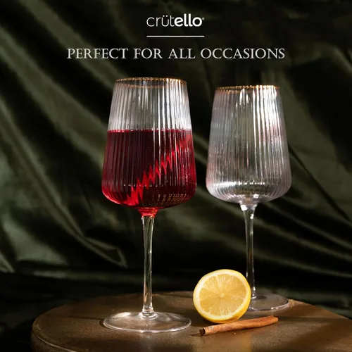 Miniatura 3 de Crutello Copas de vino modernas, cristalería acanalada única de 17 onzas con textura de cristalería acanalada vintage y borde dorado, copas de vino