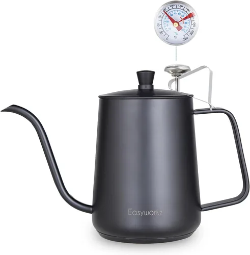 Miniatura 10 de Easyworkz Gage - Hervidor de café de cuello de cisne de 20 onzas con termómetro de acero inoxidable con boquilla larga y estrecha Negro