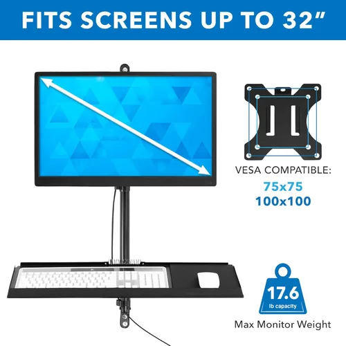 Miniatura 9 de Mount-It! Estación de trabajo de montaje en pared con soporte para monitor individual, bandeja para teclado y soporte para CPU, brazos ajustables