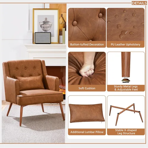 Miniatura 5 de Yaheetech Silla decorativa, silla de sala de estilo Mid Century con cojín lumbar de piel sintética PU, cómoda silla tapizada para leer con patas