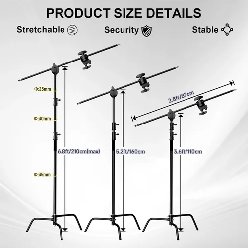 Miniatura 3 de Soporte C con brazo de pluma, kit de soporte de luz para fotografía, soporte en C resistente con poste de acero inoxidable de 6.8 pies, brazo