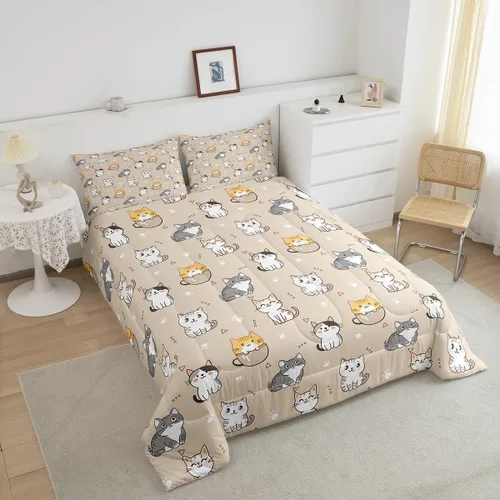 Miniatura 3 de Erosebridal Juego de edredón de tamaño matrimonial con diseño de gatos y gatos, lindo juego de ropa de cama Kawaii para niñas y niños