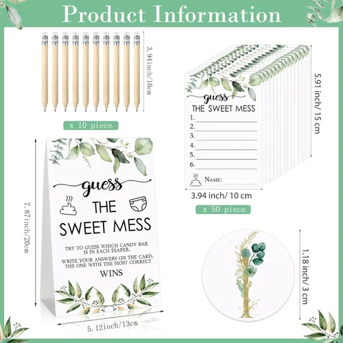 Miniatura 2 de Juego de 67 piezas de pañales sucios de Guess The Sweet Mess para baby shower, incluye letrero de Adivina el dulce lío, 50 tarjetas pequeñas, 10
