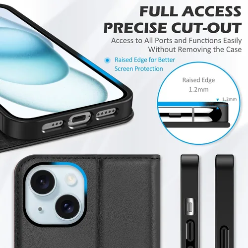 Miniatura 8 de SHIELDON Funda para iPhone 15 6.1" 2023, Funda Tipo Cartera de Cuero Genuino con [Soporte] [Tarjetero con Bloqueo RFID] [Magnética] Cubierta