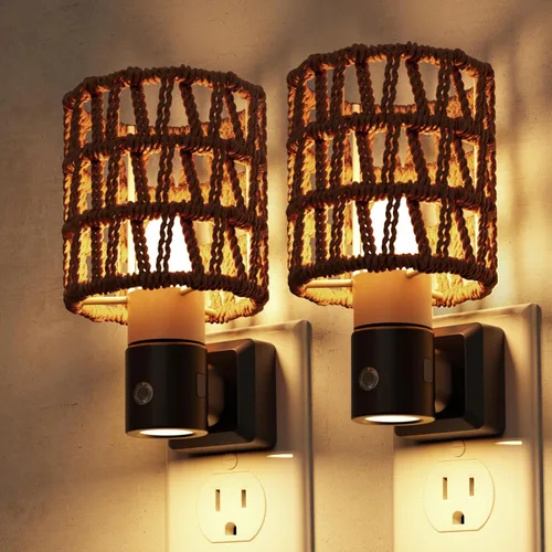 Miniatura 20 de L LOHAS LED Luces Nocturnas Enchufables en la Pared, Luz Nocturna Decorativa de Cilindro de Tela Boho con Borla, Sensor de Crepúsculo a Amanecer