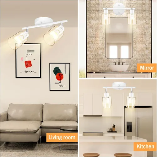 Miniatura 8 de BoostArea Lámparas de baño de 2 luces, modernas luces blancas de pared con pantalla de vidrio transparente, luz de techo flexible para espejo