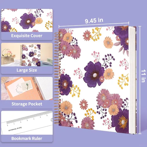 Miniatura 6 de CAGIE Cuaderno en espiral de tapa dura 8.5 x 11, cuaderno en espiral floral de 200 páginas con bolsillos, cuadernos encuadernados en espiral grandes
