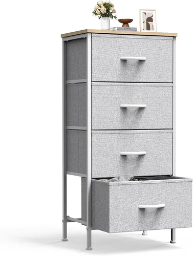 Miniatura 20 de Sweetcrispy Cómoda alta de tela para dormitorio, cómoda delgada de 6 cajones, torre de almacenamiento estrecha con parte superior de madera y marco
