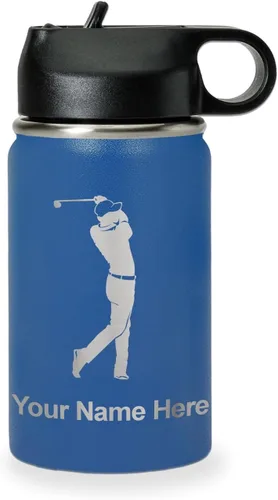 Miniatura 62 de LaserGram Botella de agua personalizada, golfista de golf, acero inoxidable de doble pared aislada al vacío con popote superior, regalo grabado Negro