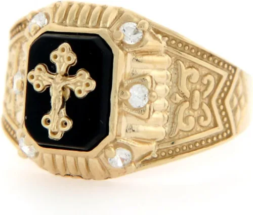 Miniatura 2 de Joyería liquidación 10k oro amarillo crucifijo Onyx CZ anillo religioso para hombre