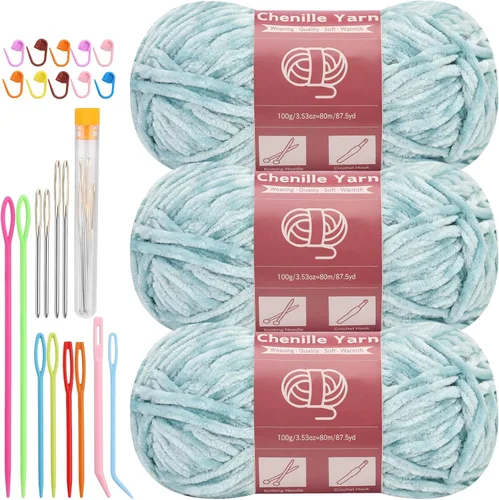 Miniatura 20 de LUNARM Hilado de chenilla para tejer y hacer ganchillo, 3 madejas de 240 metros de hilo grueso, suave y voluminoso, para tejer mantas, ropa y Beige