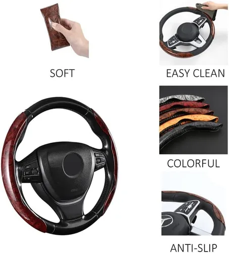 Miniatura 2 de Funda para volante de automóvil segmentado de grano de madera con forro antideslizante, ajuste universal para la mayoría de accesorios interiores