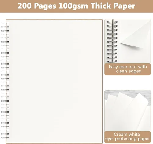 Miniatura 4 de Cuaderno diario en blanco A4, paquete de 2 cuadernos de bocetos grandes en espiral para dibujar, 200 páginas de 100gsm gruesas sin líneas en blanco