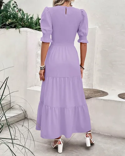 Miniatura 143 de BTFBM Vestidos para mujer, cuello redondo, casual, de verano, con volantes, manga corta, bohemio, con niveles, fruncido, largo, con estampado floral