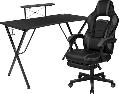 Miniatura 40 de Flash Furniture Juego de escritorio para juegos negro y silla de carreras blanco/negro con soporte para tazas, gancho para auriculares y soporte