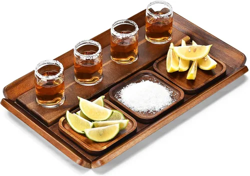 Juego de bandejas de vuelo de tequila de madera rústica, tabla de degustación con 4 vasos de chupito y posavasos, muestra de cóctel para fiestas,