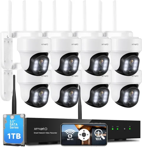 XMARTO 10X Zoom Mesh WiFi6 PTZ Sistema de cámara de seguridad de seguimiento AI, paquete de lente dual de 8 cámaras 2K, NVR expandible de 10 canales