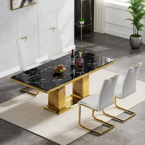 Miniatura 29 de Juego de mesa de comedor de 5 piezas, moderno juego de mesa de comedor para 4, 70 pulgadas, juego de mesa de comedor de mármol sintético blanco