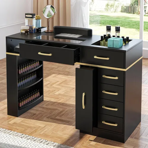 Mesa de manicura con colector de polvo eléctrico, estación de manicura versátil con parte superior de vidrio para tecnología de uñas, incluye cojín