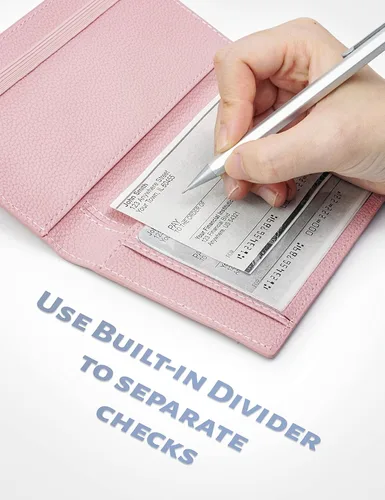 Miniatura 6 de Yarnic Funda para chequera personal, soporte para chequera con soporte para bolígrafo y divisor de plástico transparente integrado para cheques Rosa