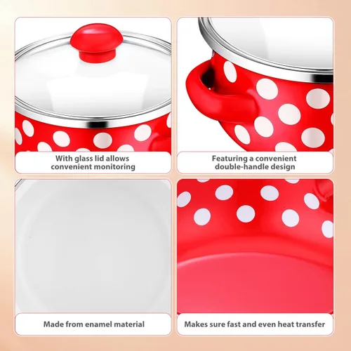 Miniatura 5 de Juego de 3 mini ollas de cocina esmaltadas con asas dobles y tapas, parte inferior plana para calefacción uniforme para sopas, salsas, guisos, uso